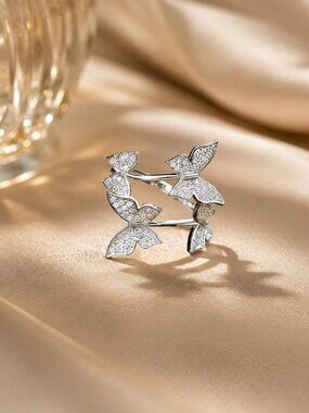 Pavé Cubic Zirconia Butterfly Open Adjustable Ring Silver NWT